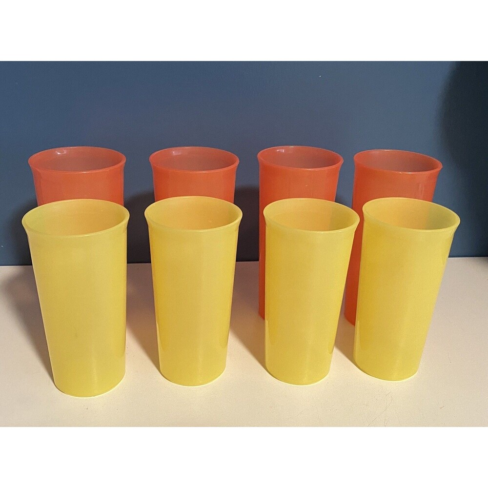 Tupperware Vtg Drinking Cups Set of 8 Shiny 12oz Orange & 9oz Yellow
